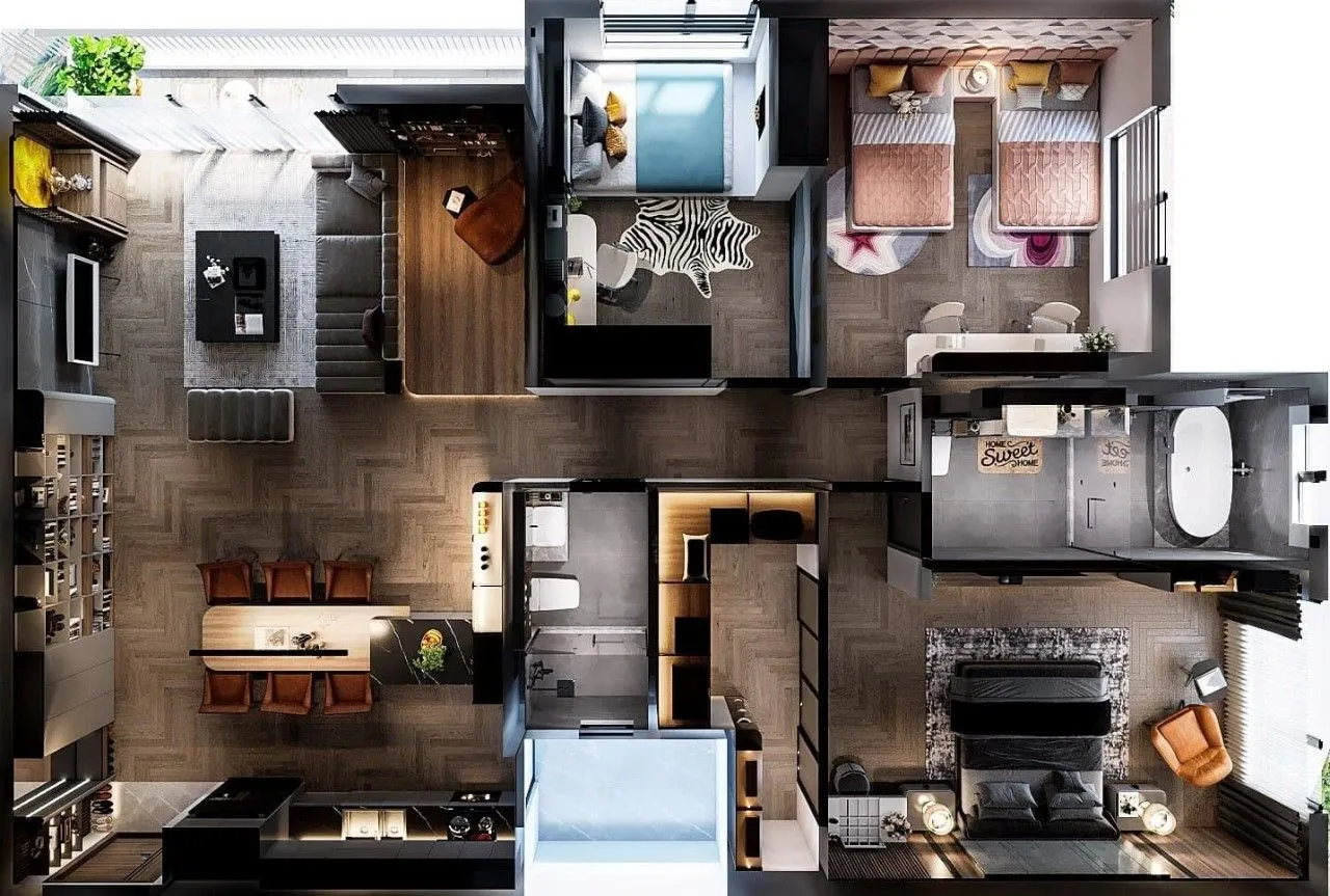 Mô phỏng bố trí công năng căn hộ chung cư 3 phòng ngủ