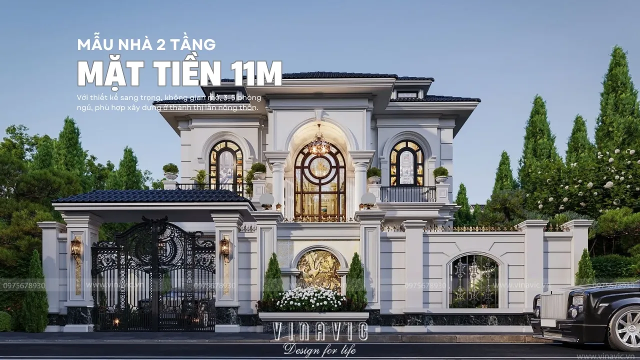 Mẫu nhà 2 tầng mặt tiền 11m đẹp sang trọng, công năng tối ưu