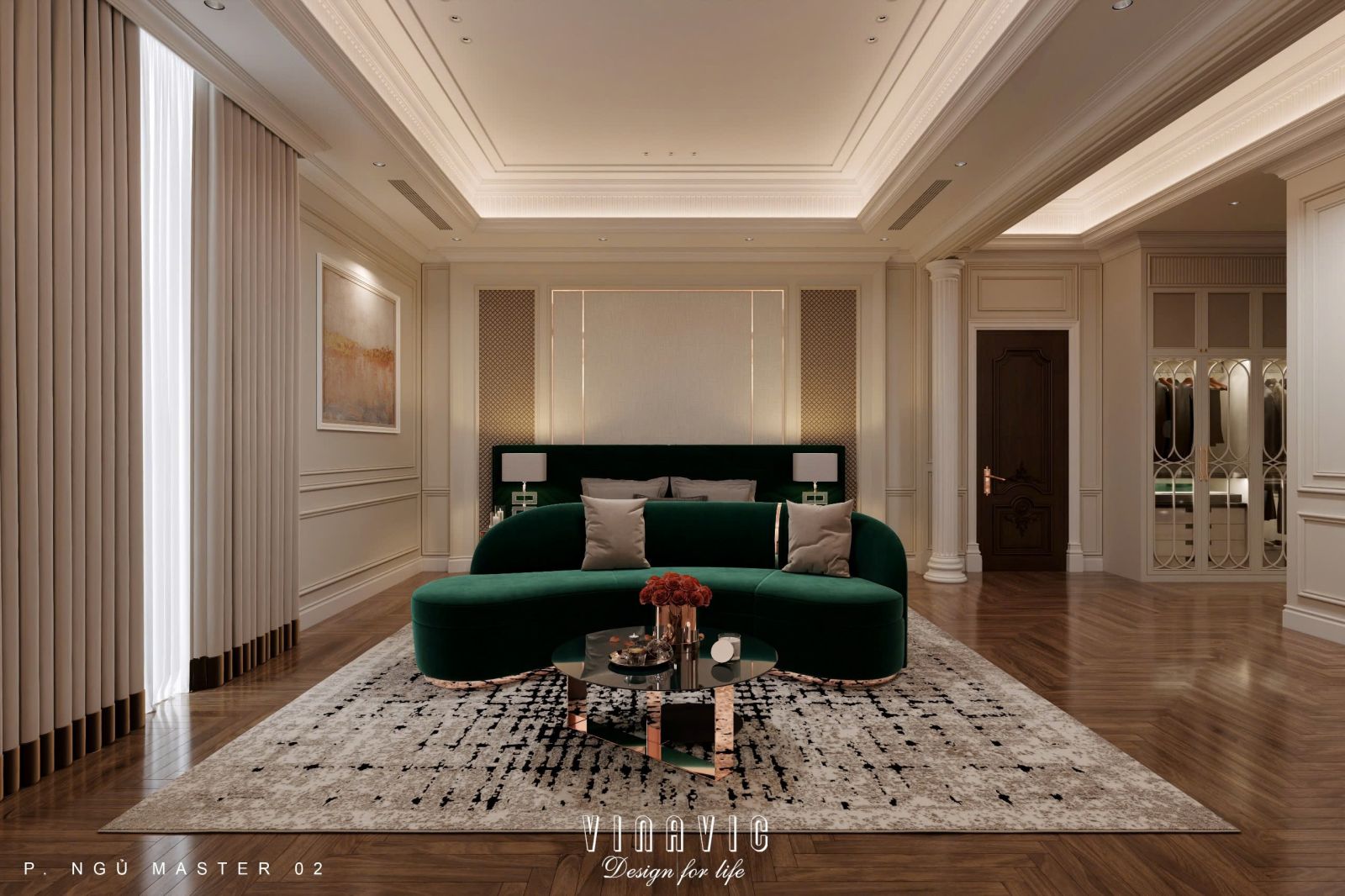 Sự kết hợp giữa màu kem – gỗ – xanh lục đậm tạo nên sự ấm áp, sâu lắng nhưng không kém phần sang trọng.