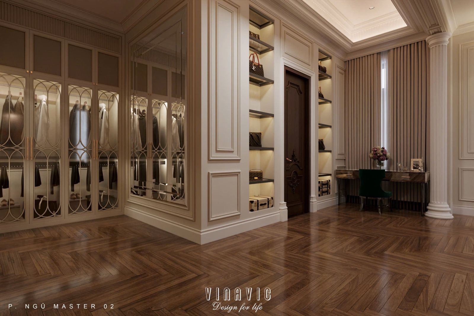 Tường có phào chỉ nổi, chia ô đối xứng — đặc trưng của phong cách tân cổ điển.