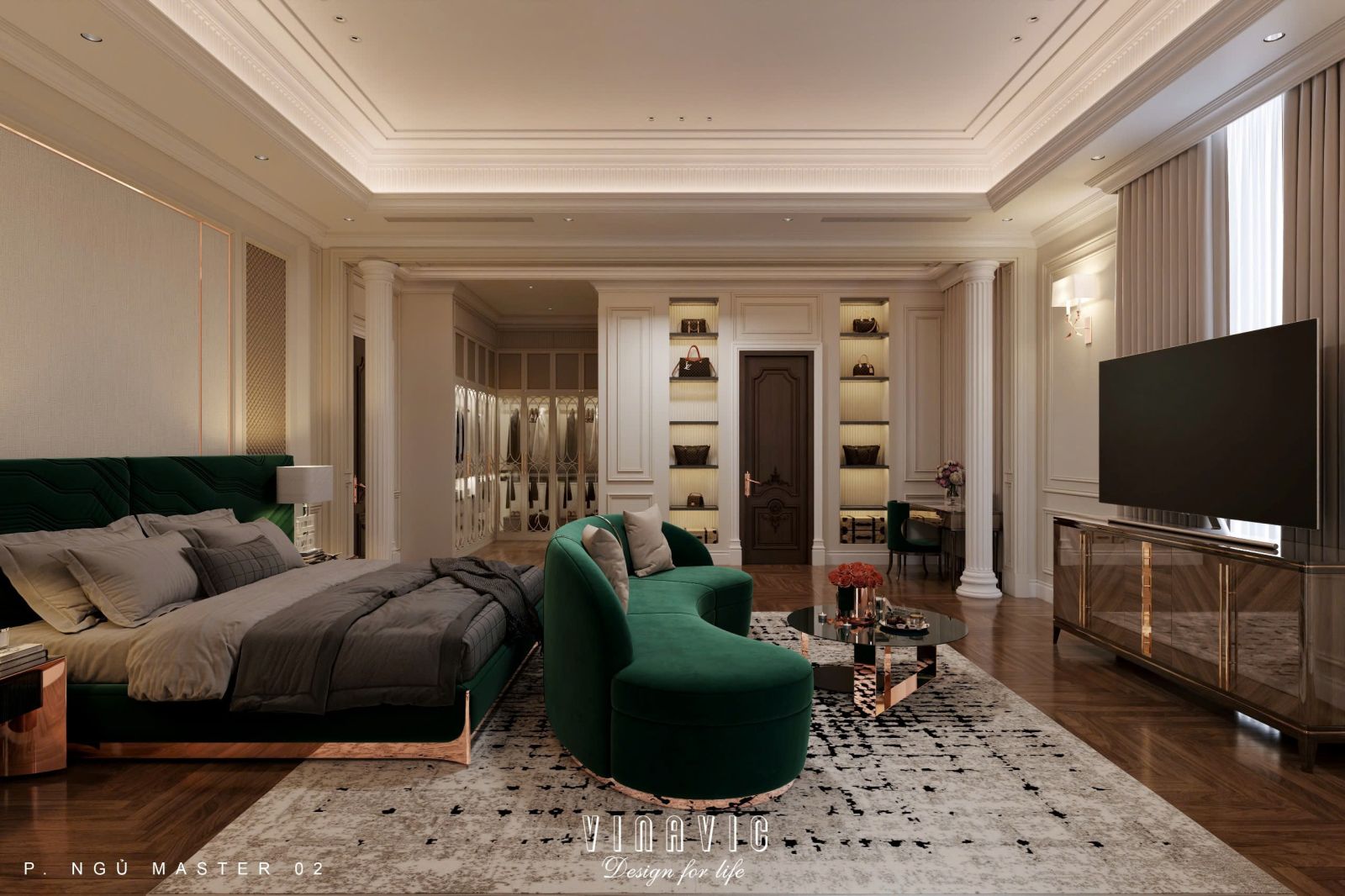 Bàn phấn, tab đầu giường, ghế đôn… đều có đường cong mềm mại, tinh tế.