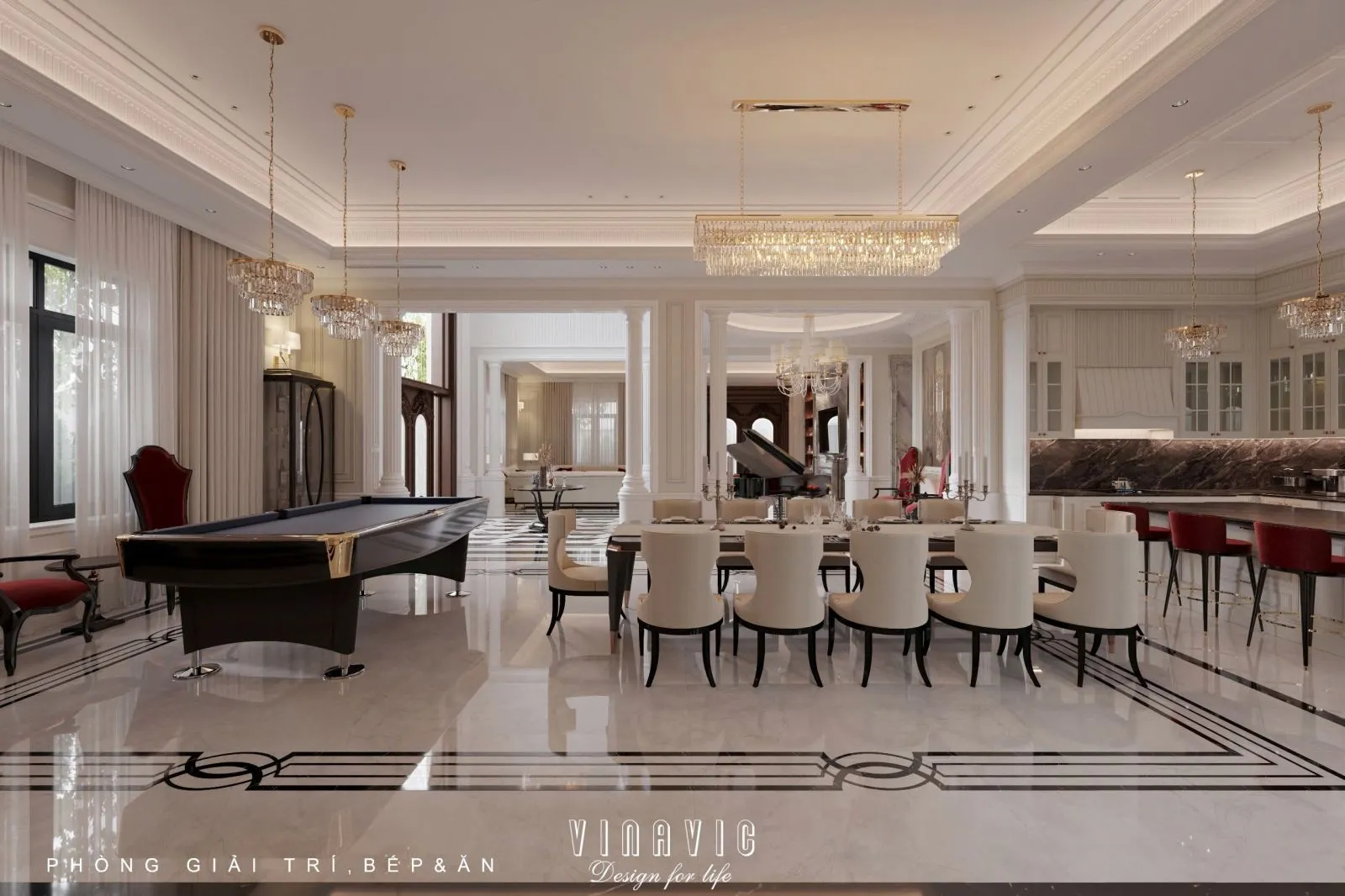 Thiết kế nội thất phòng khách biệt thự tân cổ điển Vinhomes liên thông bếp sang trọng