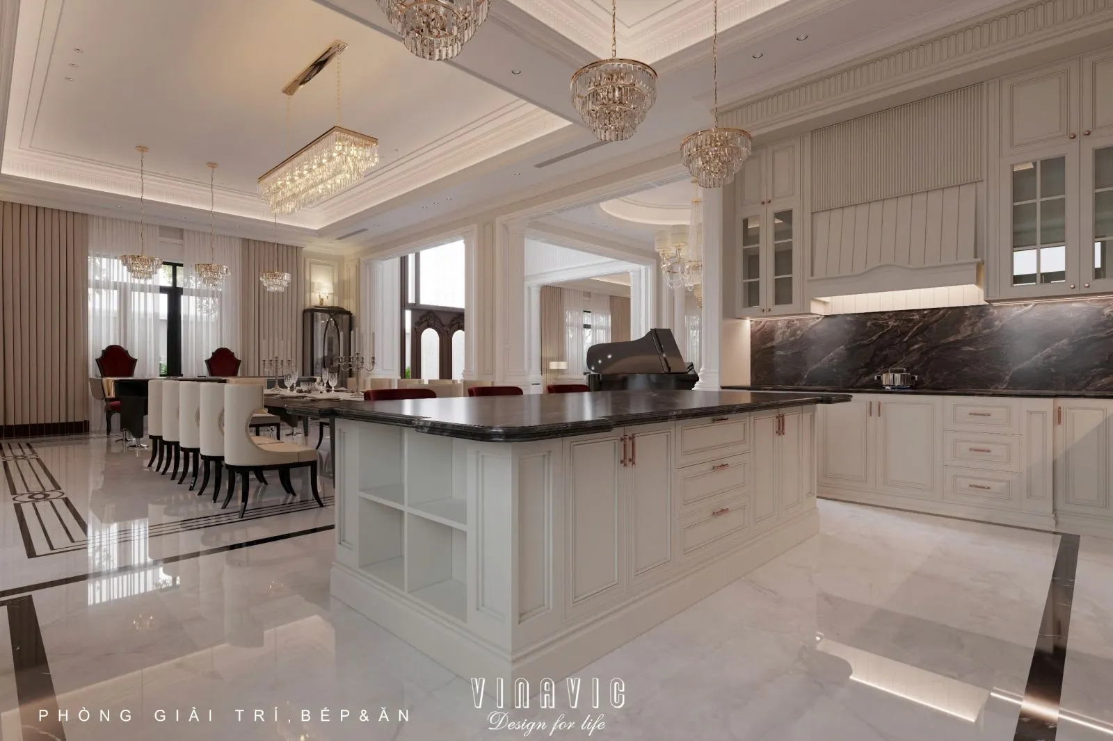 Mẫu phòng khách liền bếp nhà ống tân cổ điển