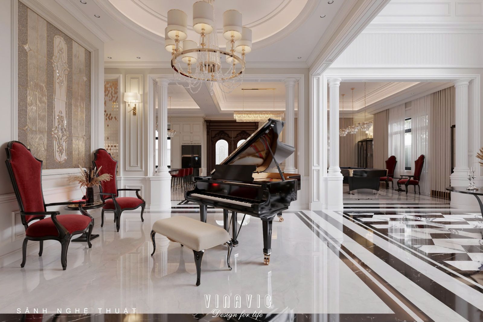 Thiết kế nội thất phòng khách tân cổ điển liên thông bếp sang trọng NT2337