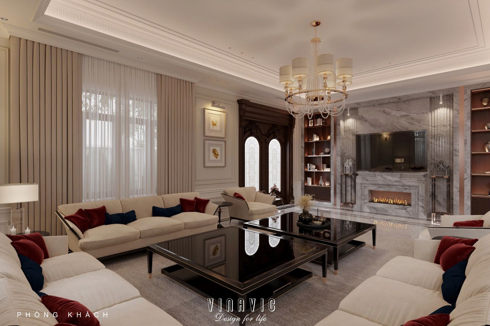 Thiết kế nội thất phòng khách tân cổ điển liên thông bếp sang trọng NT2337