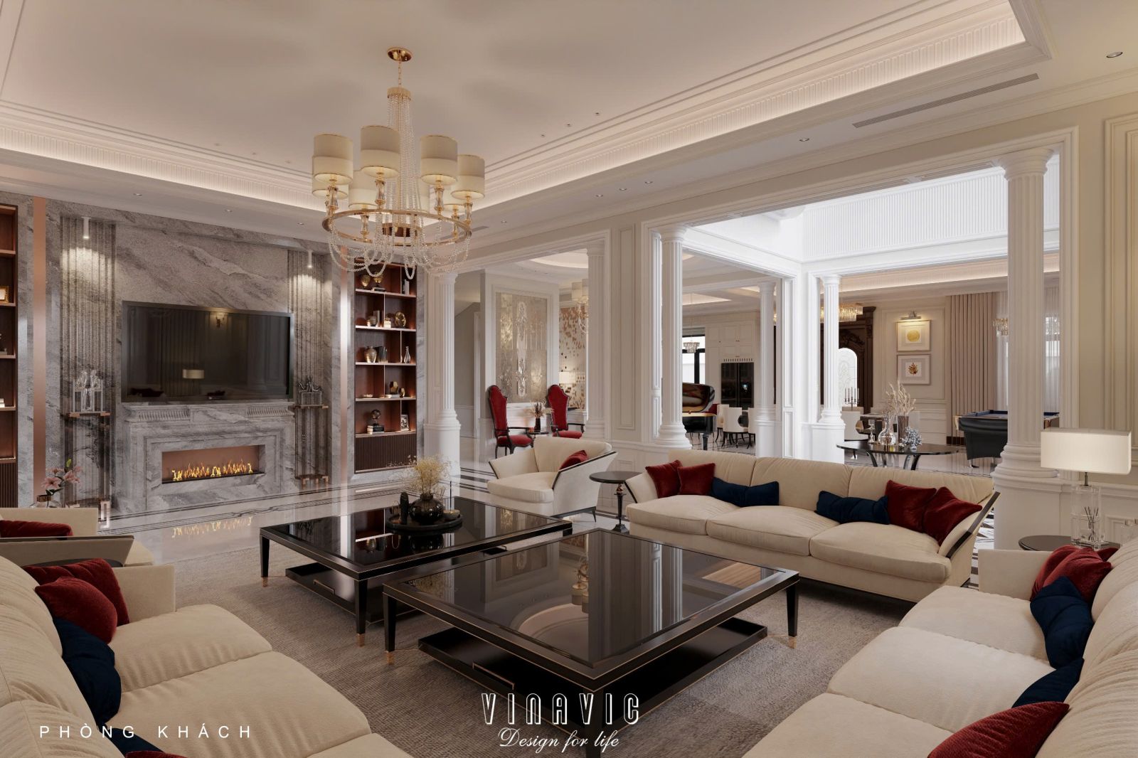 Thiết kế nội thất phòng khách tân cổ điển liên thông bếp sang trọng NT2337