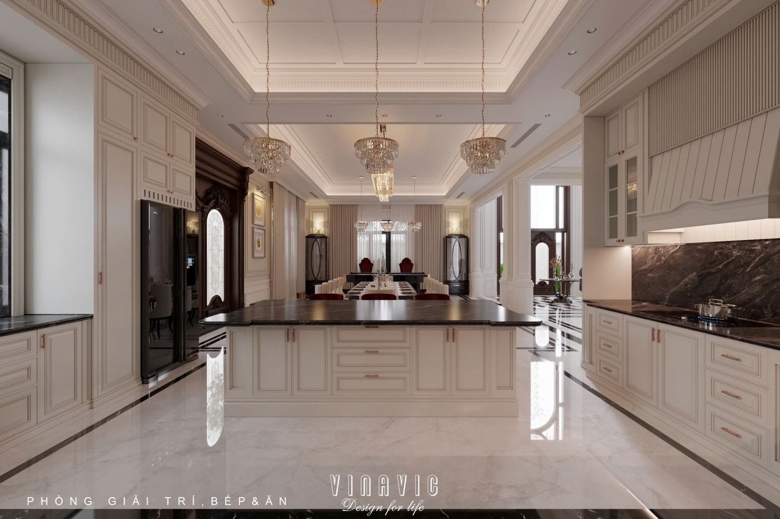 Thiết kế nội thất phòng khách tân cổ điển liên thông bếp sang trọng NT2337