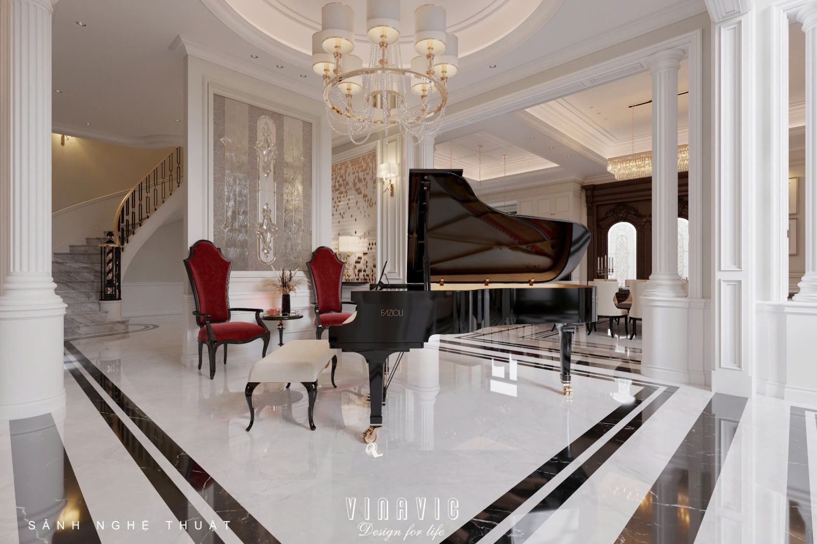 Thiết kế nội thất phòng khách tân cổ điển liên thông bếp sang trọng NT2337