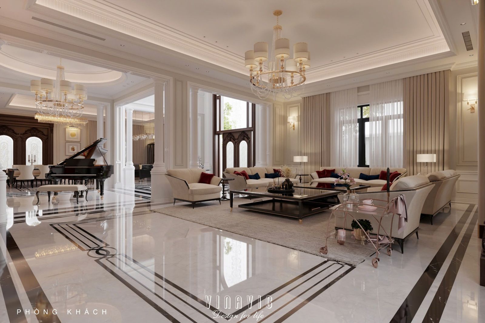 Thiết kế nội thất phòng khách tân cổ điển liên thông bếp sang trọng NT2337