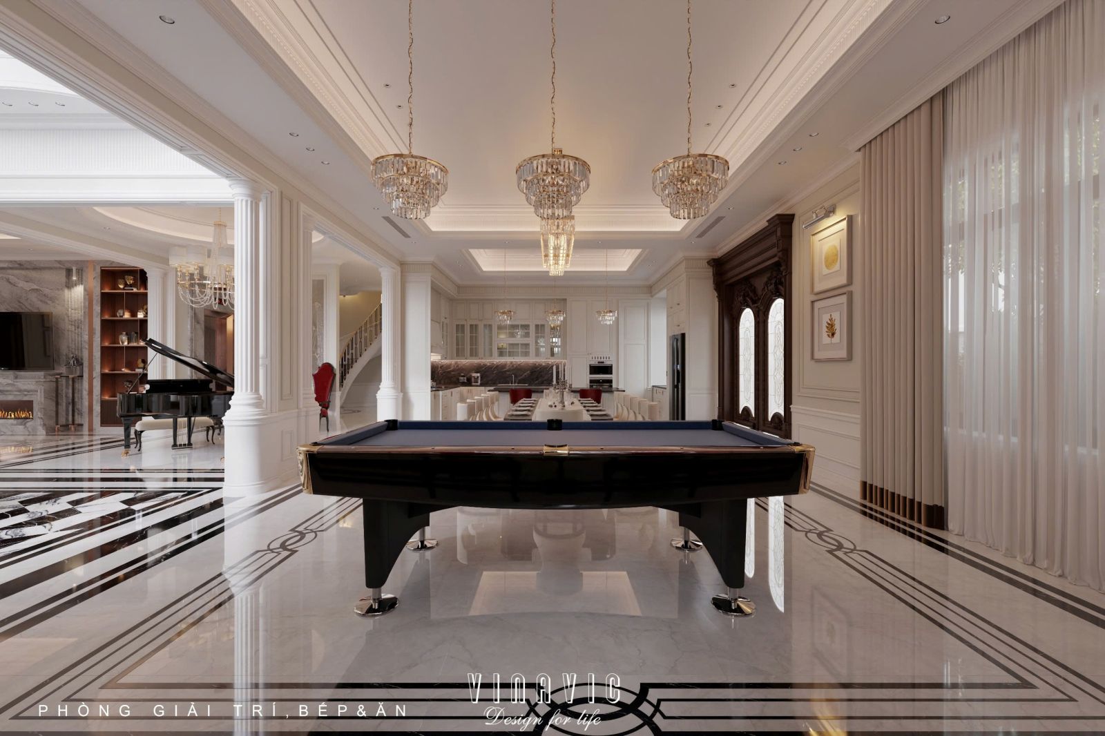 Thiết kế nội thất phòng khách tân cổ điển liên thông bếp sang trọng NT2337