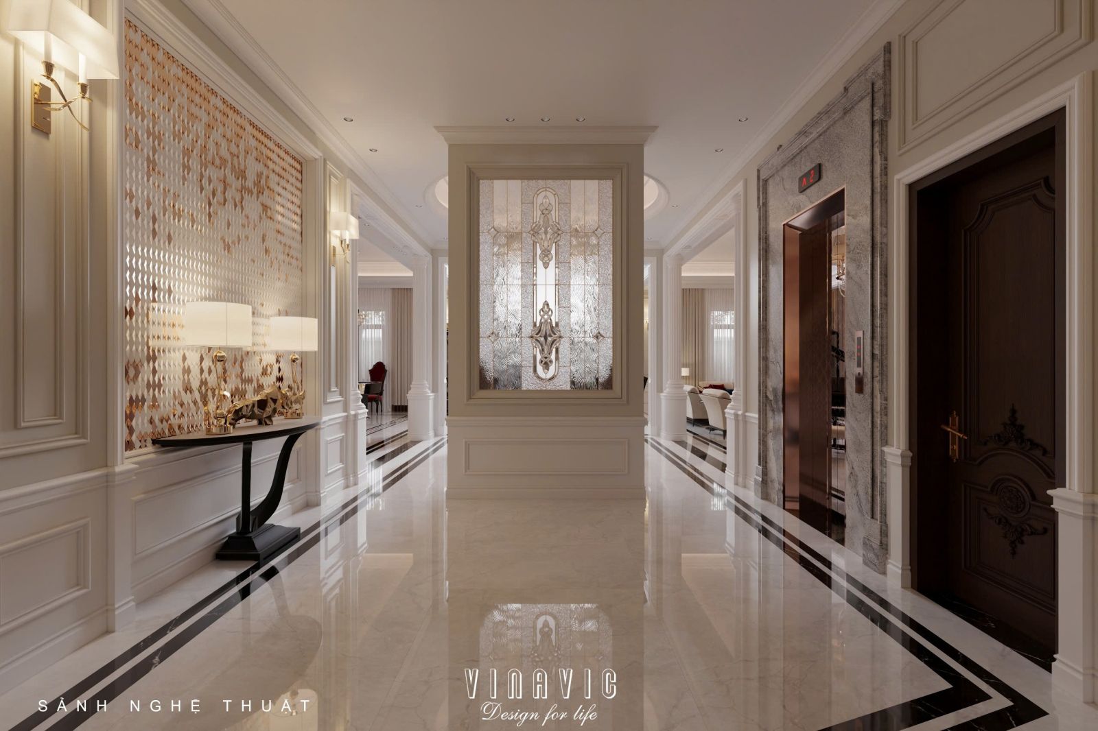 Thiết kế nội thất phòng khách tân cổ điển liên thông bếp sang trọng NT2337