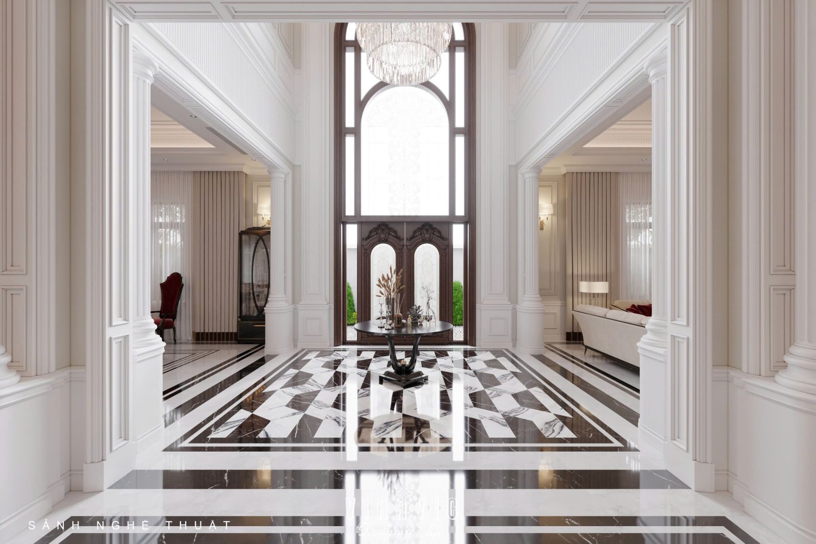 Thiết kế nội thất phòng khách tân cổ điển liên thông bếp sang trọng NT2337