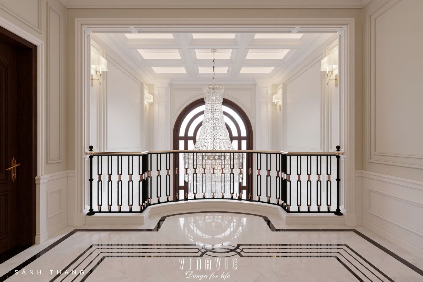 Thiết kế nội thất phòng khách tân cổ điển liên thông bếp sang trọng NT2337