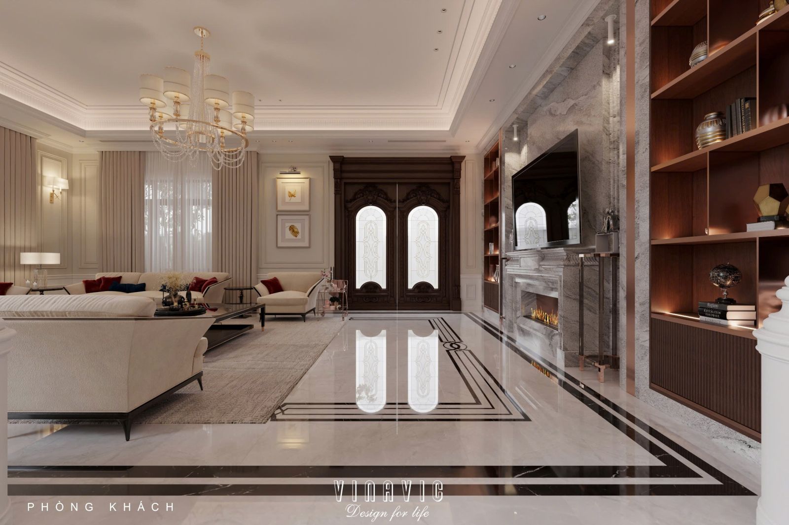 Thiết kế nội thất phòng khách tân cổ điển liên thông bếp sang trọng NT2337