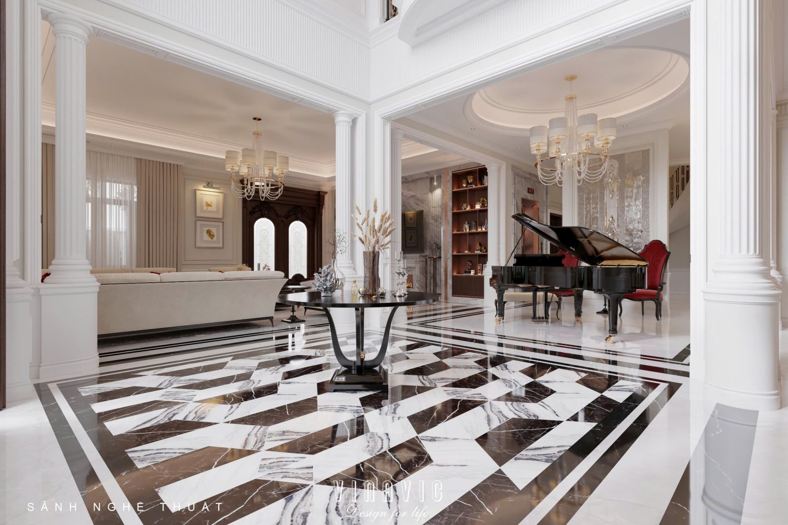 Thiết kế nội thất phòng khách tân cổ điển liên thông bếp sang trọng NT2337