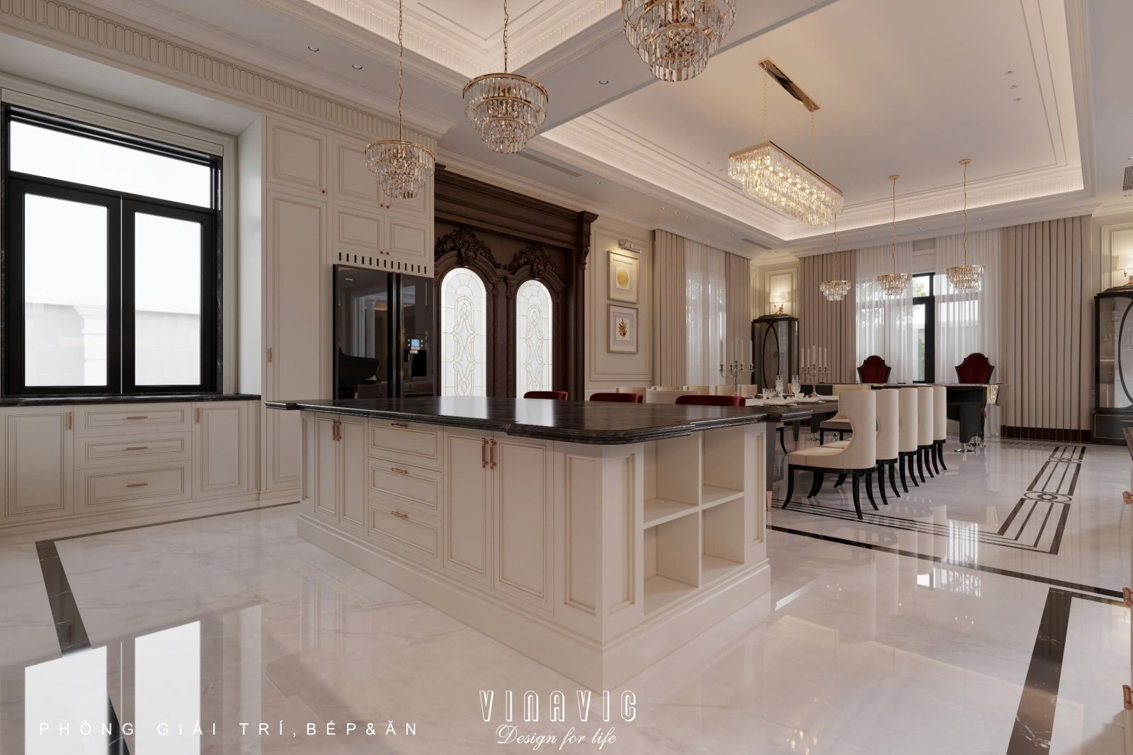 Thiết kế nội thất phòng khách tân cổ điển liên thông bếp sang trọng NT2337