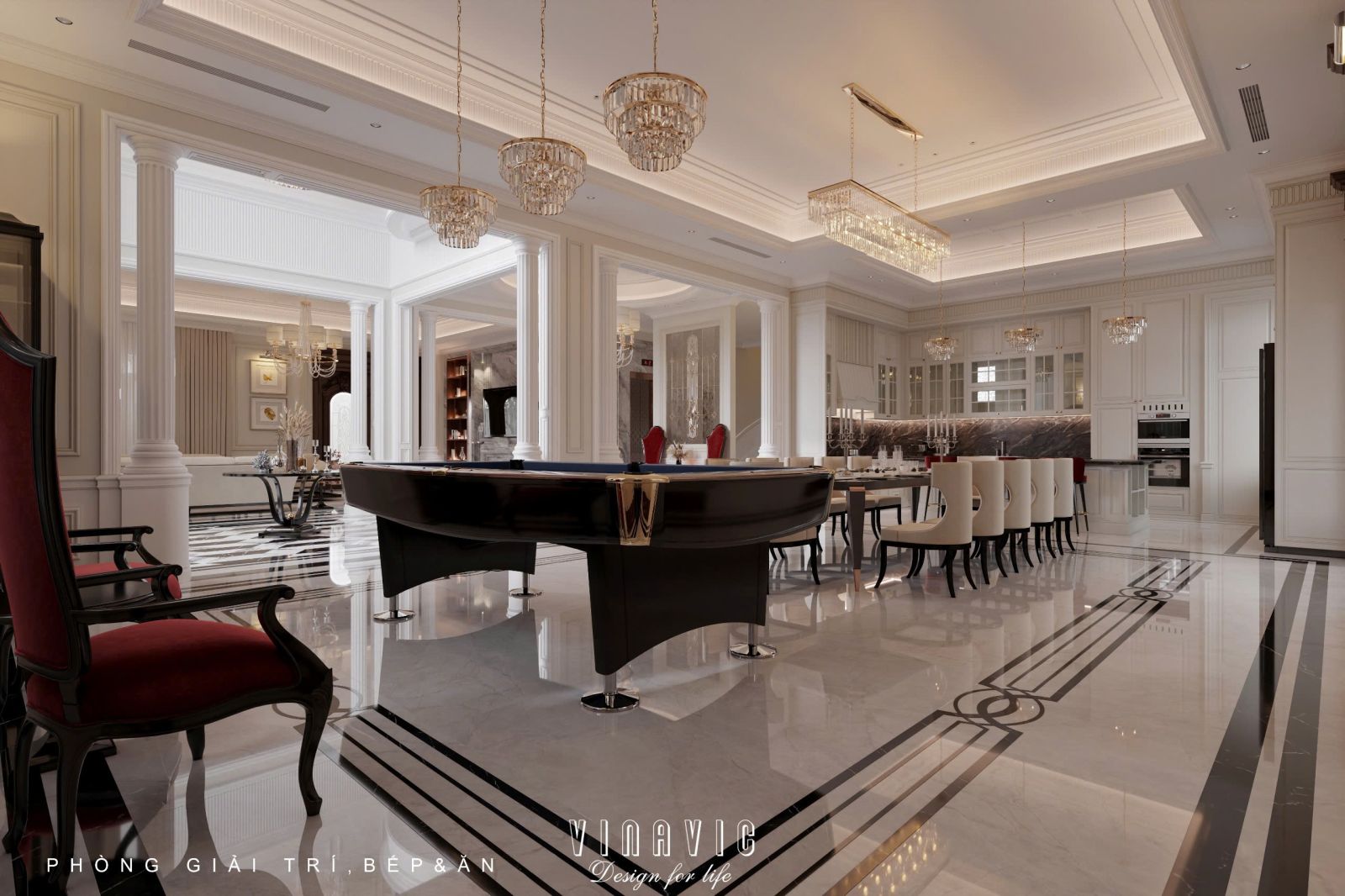 Thiết kế nội thất phòng khách tân cổ điển liên thông bếp sang trọng NT2337