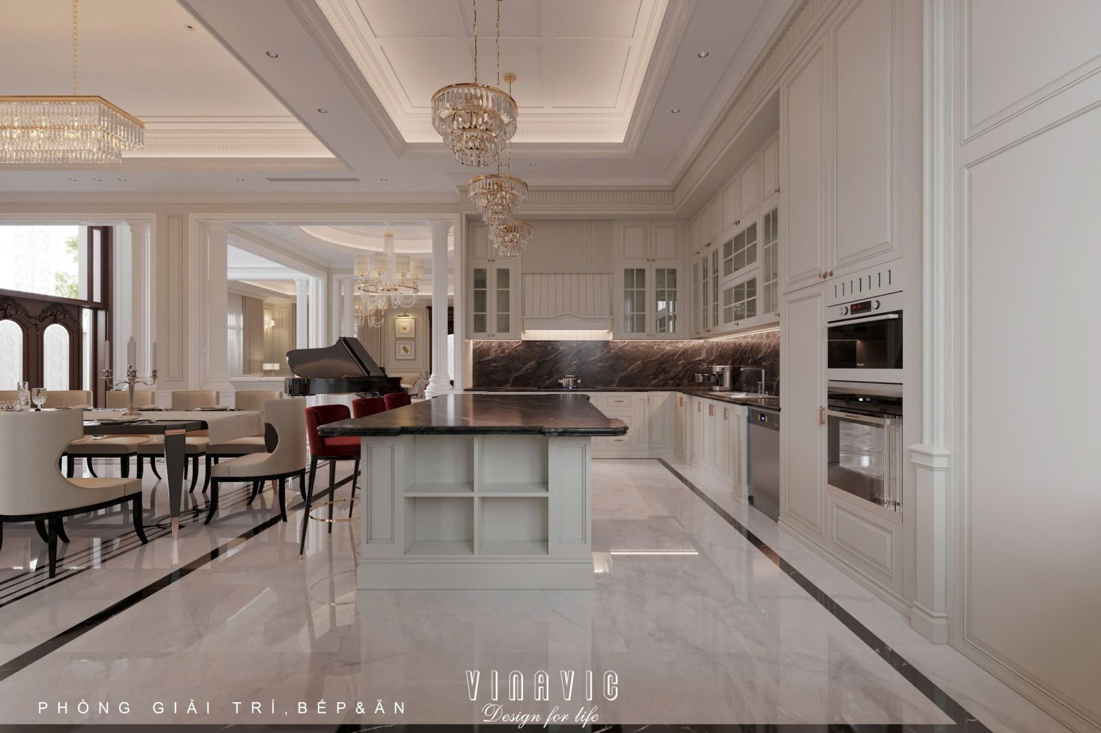 Thiết kế nội thất phòng khách tân cổ điển liên thông bếp sang trọng NT2337
