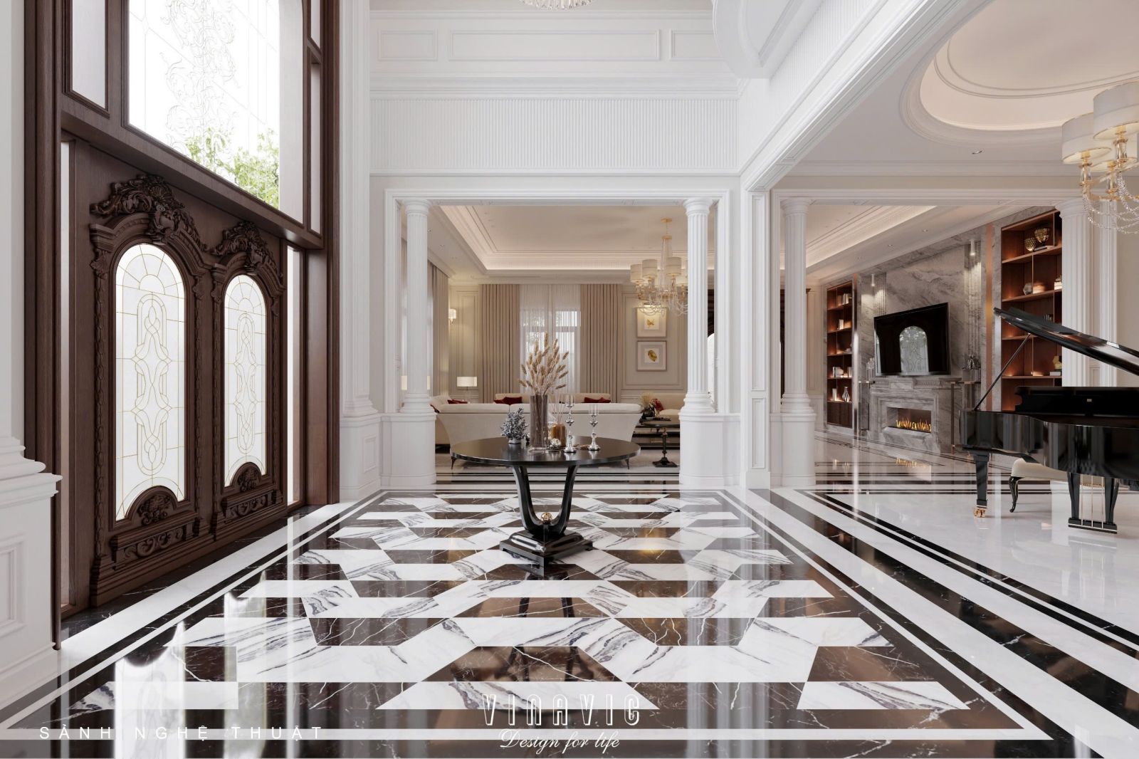 Thiết kế nội thất phòng khách tân cổ điển liên thông bếp sang trọng NT2337