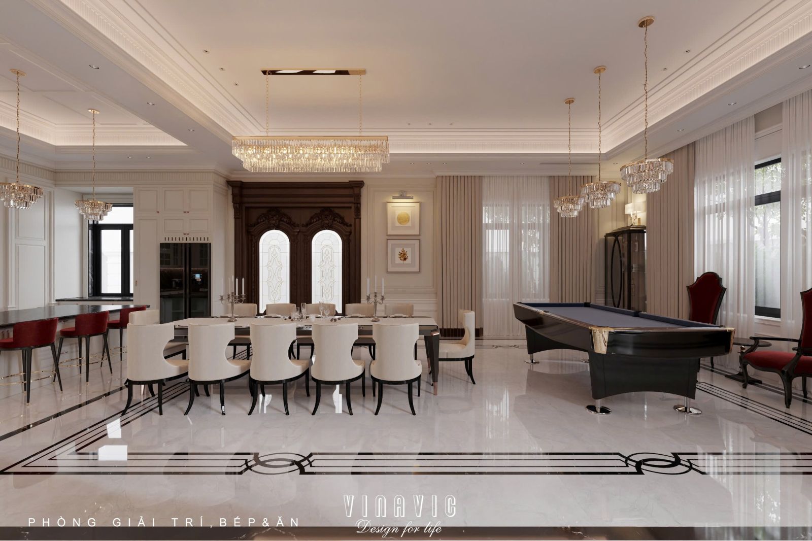 Thiết kế nội thất phòng khách tân cổ điển liên thông bếp sang trọng NT2337