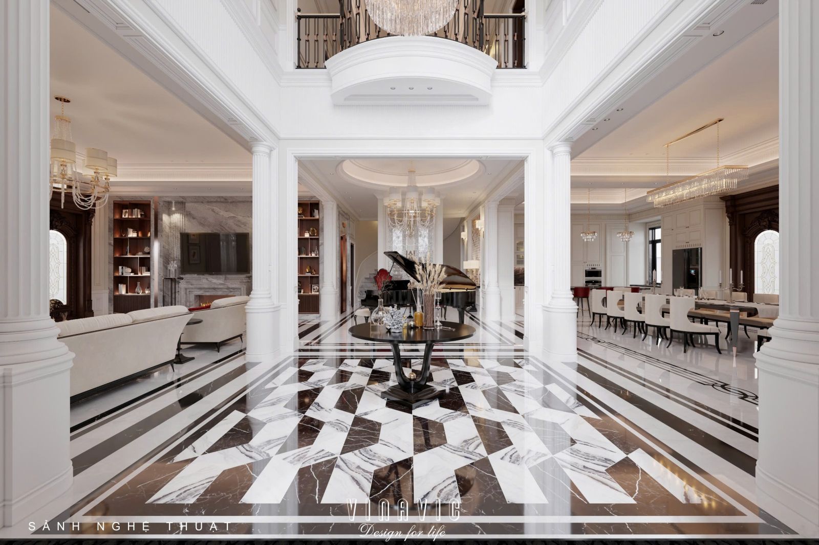 Thiết kế nội thất phòng khách tân cổ điển liên thông bếp sang trọng NT2337