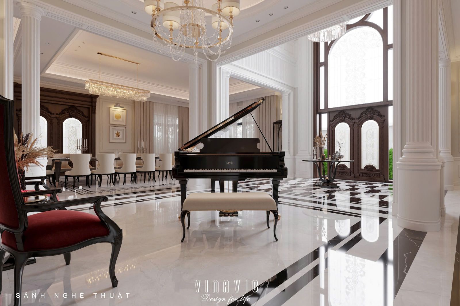 Thiết kế nội thất phòng khách tân cổ điển liên thông bếp sang trọng NT2337