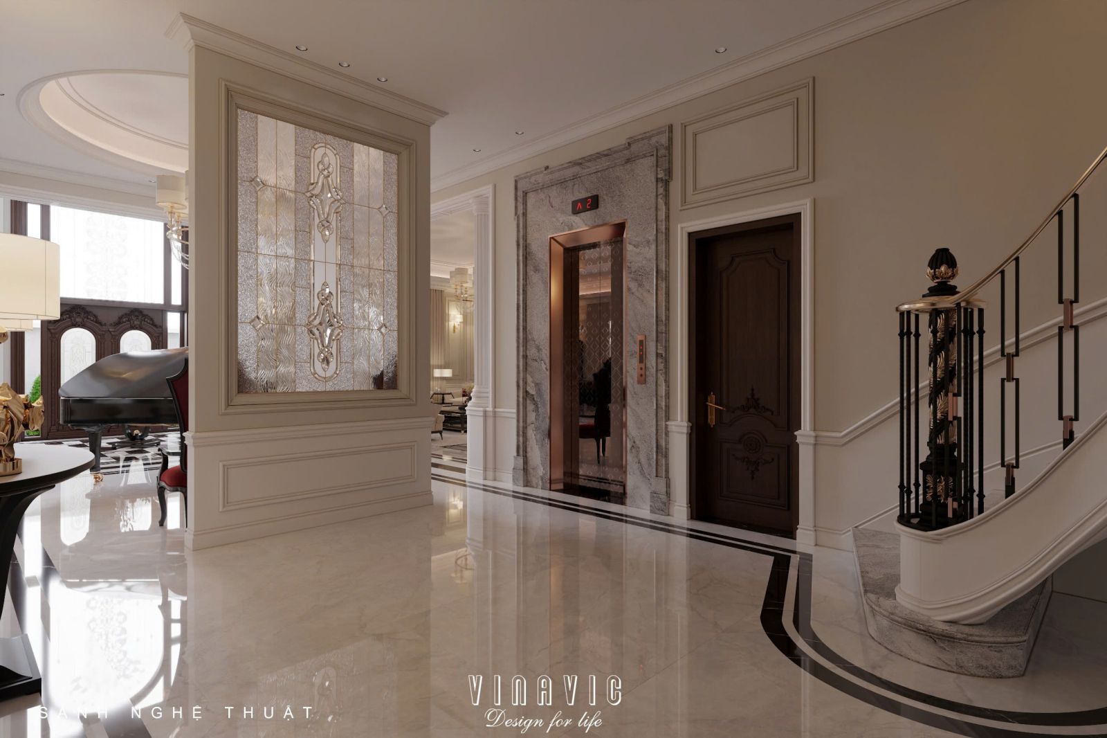 Thiết kế nội thất phòng khách tân cổ điển liên thông bếp sang trọng NT2337