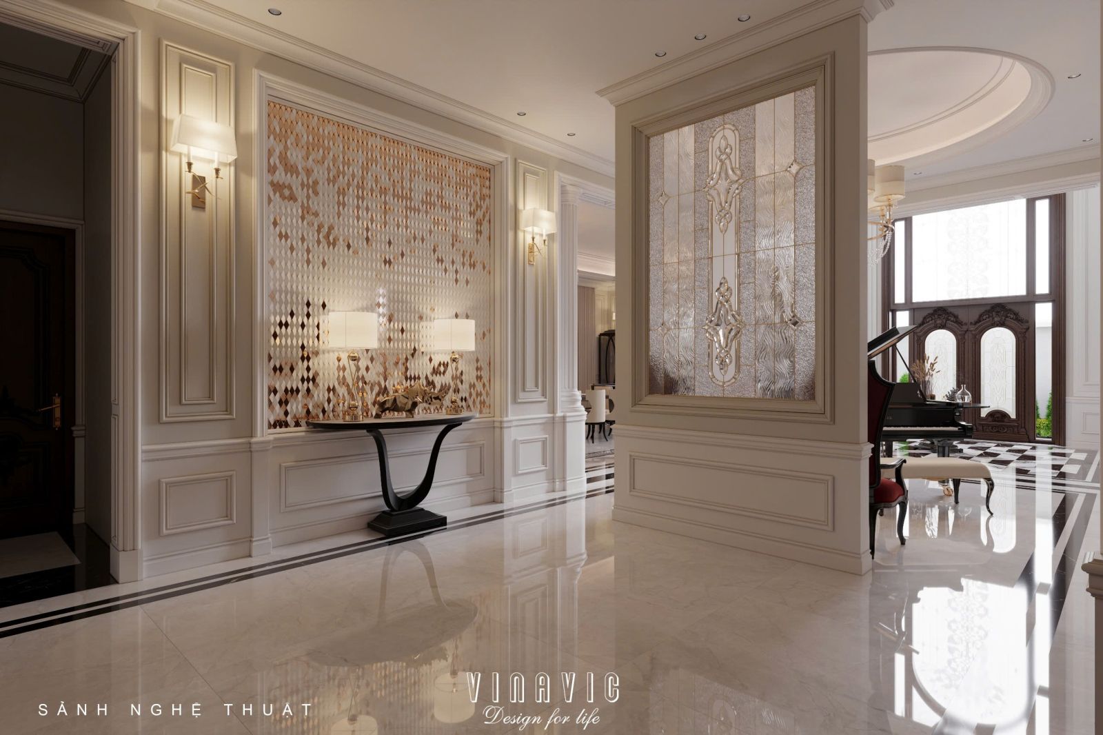 Thiết kế nội thất phòng khách tân cổ điển liên thông bếp sang trọng NT2337