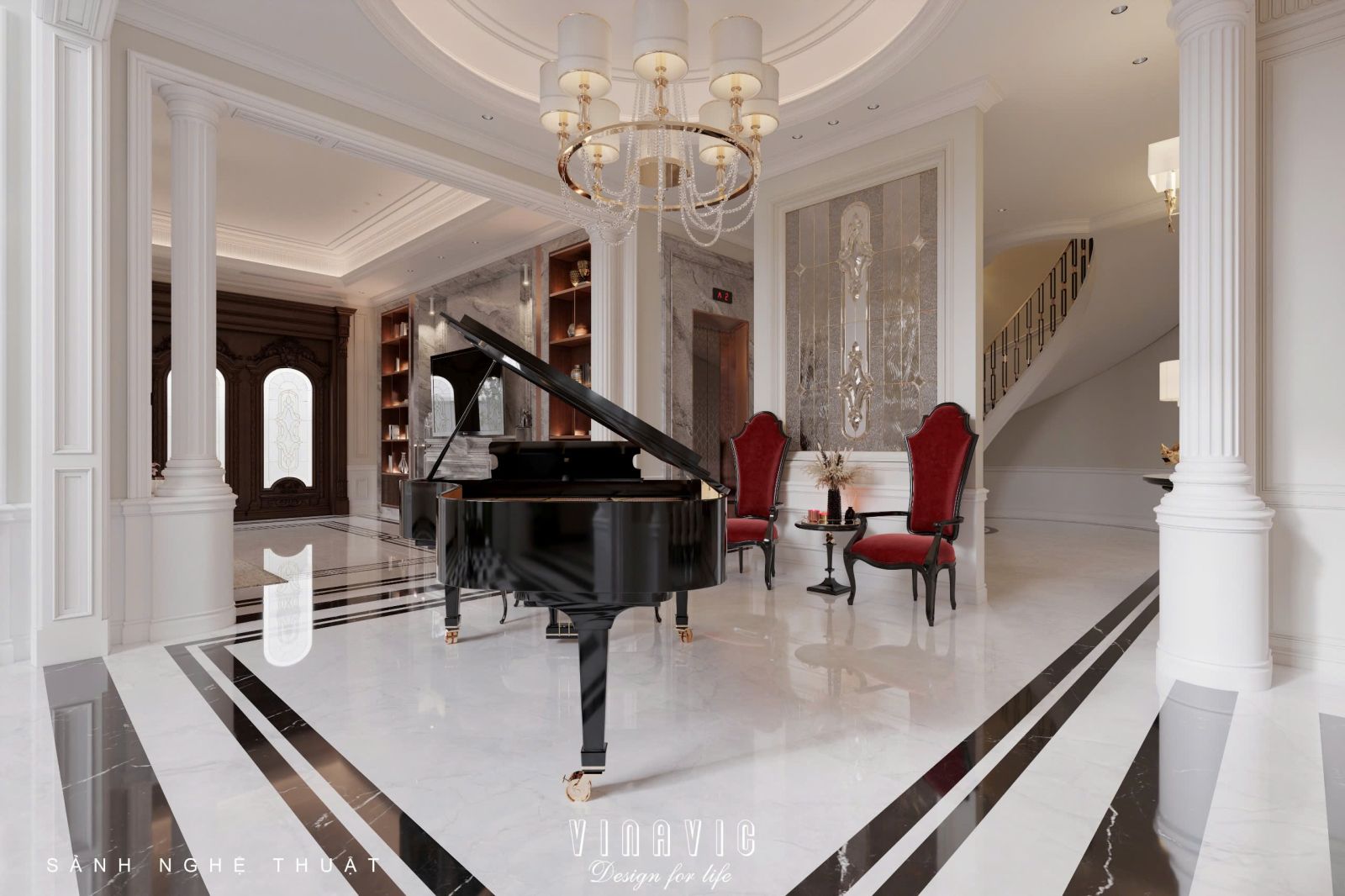 Thiết kế nội thất phòng khách tân cổ điển liên thông bếp sang trọng NT2337