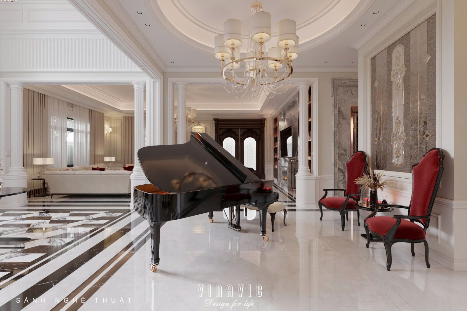 Thiết kế nội thất phòng khách tân cổ điển liên thông bếp sang trọng NT2337