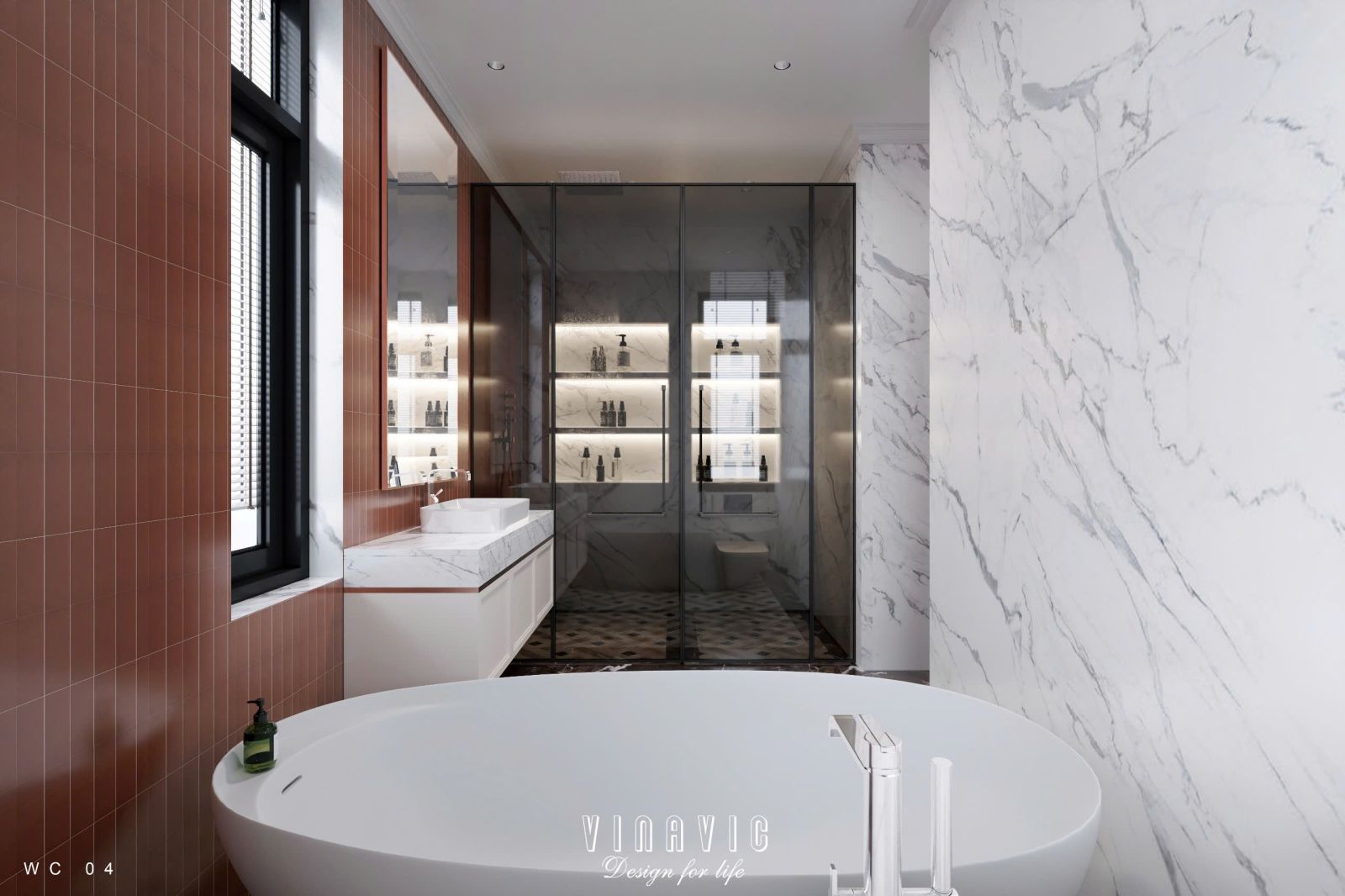 Trang bị đầy đủ tiện nghi cao cấp: bồn tắm nằm, vách kính đứng tách khô – ướt, hệ tủ lavabo đôi, gương thông minh tích hợp đèn LED.