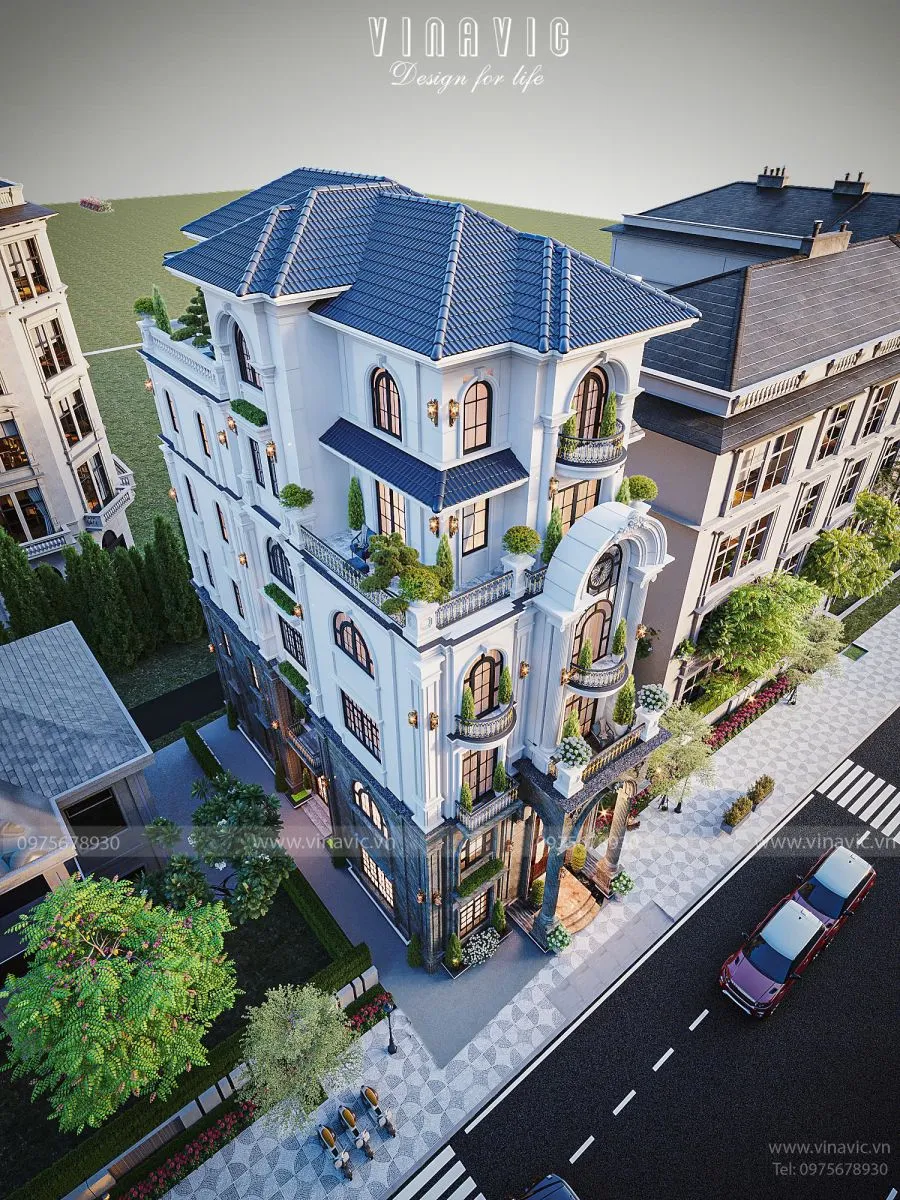 Góc 3D từ trên cao mẫu thiết kế nhà 5 tầng tân cổ điển