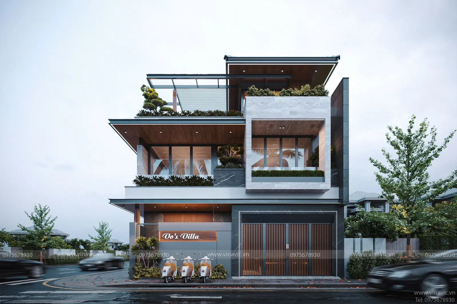 Thiết kế biệt thự hiện đại 3 tầng 2 mặt tiền 130m2 (10x13m) BT2409