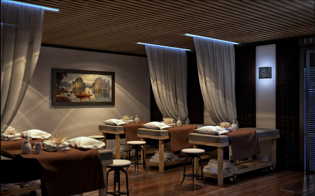 Phòng massage sử dụng vật liệu gỗ và đá tự nhiên