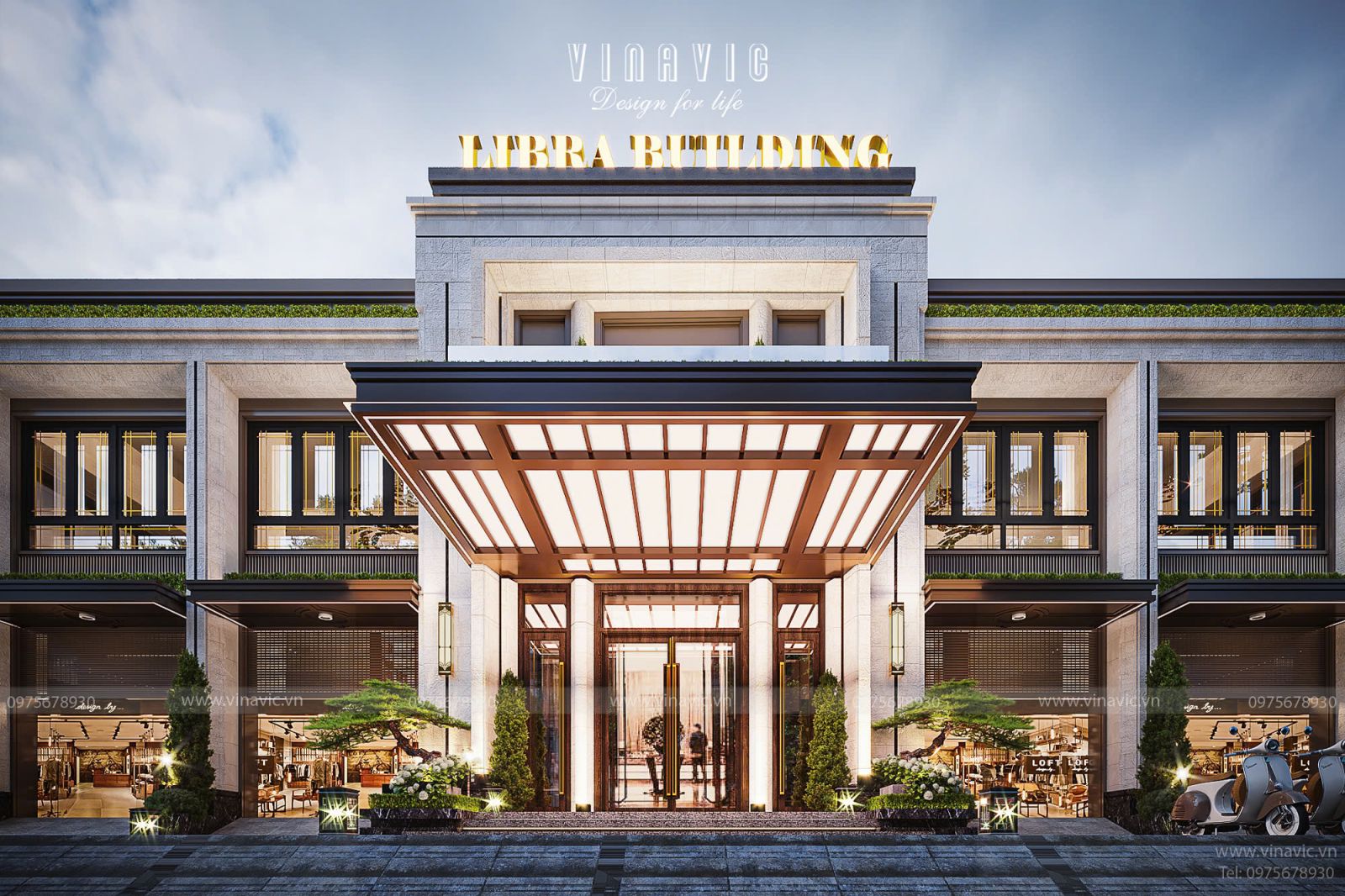 Phối cảnh mặt tiền chính tòa nhà văn phòng điều hành 2 tầng hiện đại 24x17m Libra Building DATM2336