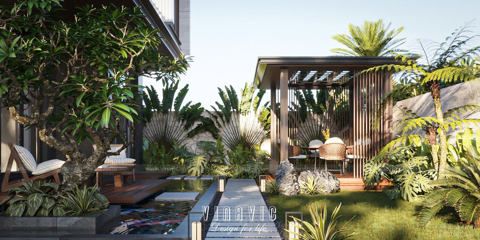 Không gian sân vườn và tiểu cảnh ấn tượng của biệt thự hiện đại BT2412