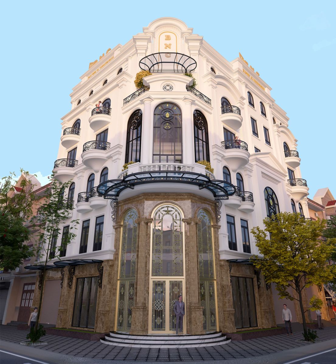 Thiết kế nhà nghỉ 6 tầng Tân cổ điển