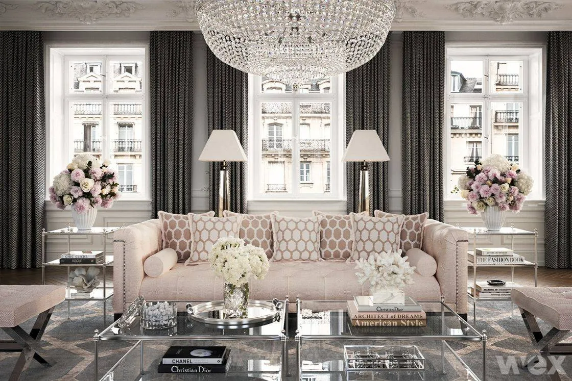 Tranh tường và đèn chùm lớn, thể hiện nguyên lý nhấn mạnh thị giác và tích hợp nghệ thuật.