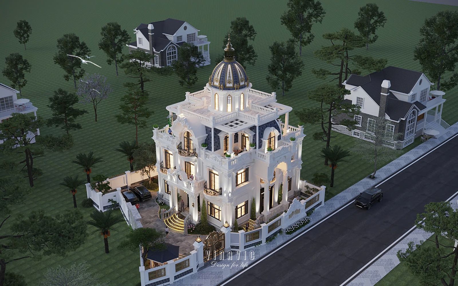 Hệ thống cửa kính kết hợp cửa gỗ sang trọng, tận dụng ánh sáng tự nhiên trong biệt thự tân cổ điển châu Âu BT2415