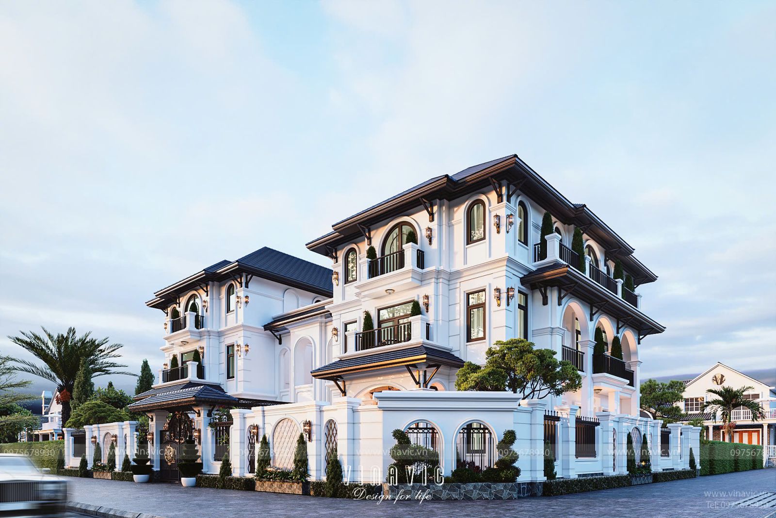 Góc từ trên cao biệt thự song lập 3 tầng phong cách Địa Trung Hải BT2416 với 2 khối đối xứng