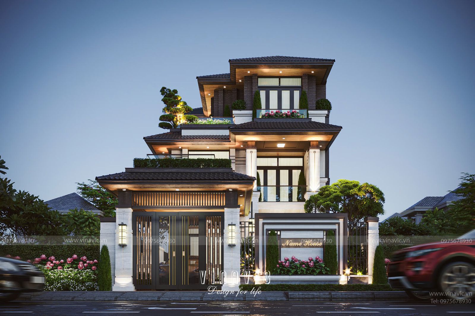 Góc phối cảnh ban đêm biệt thự hiện đại mái Nhật BT2417 tại Nghệ An