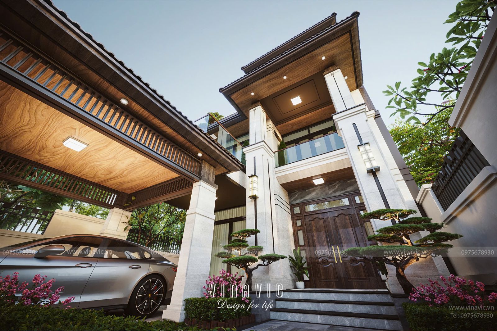 Phối cảnh biệt thự 3 tầng mái Nhật 5 phòng ngủ 216m² BT2417 nhìn từ hướng chéo