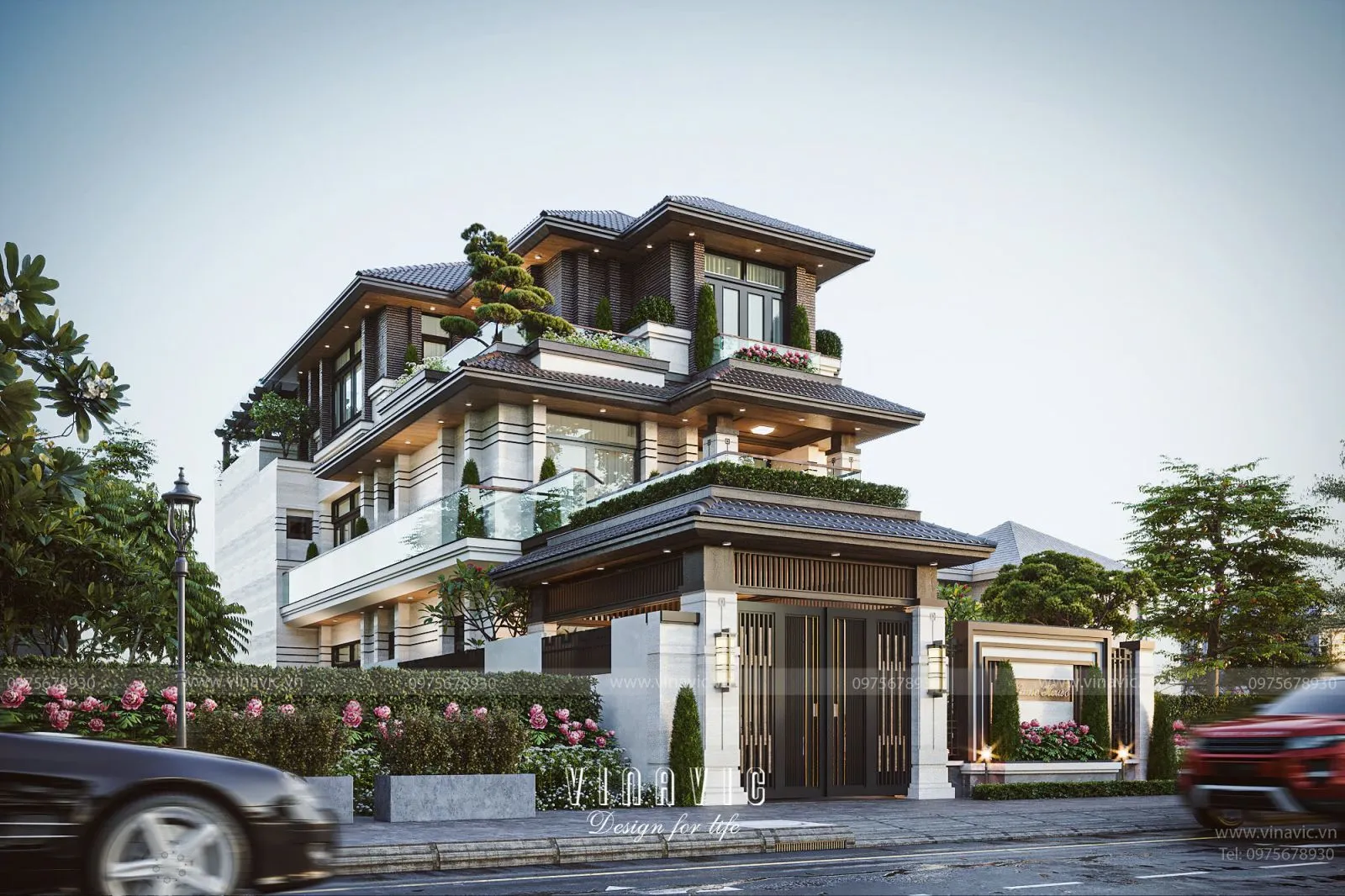 Góc nghiêng cận cảnh mặt tiền biệt thự hiện đại 3 tầng mái Nhật BT2417