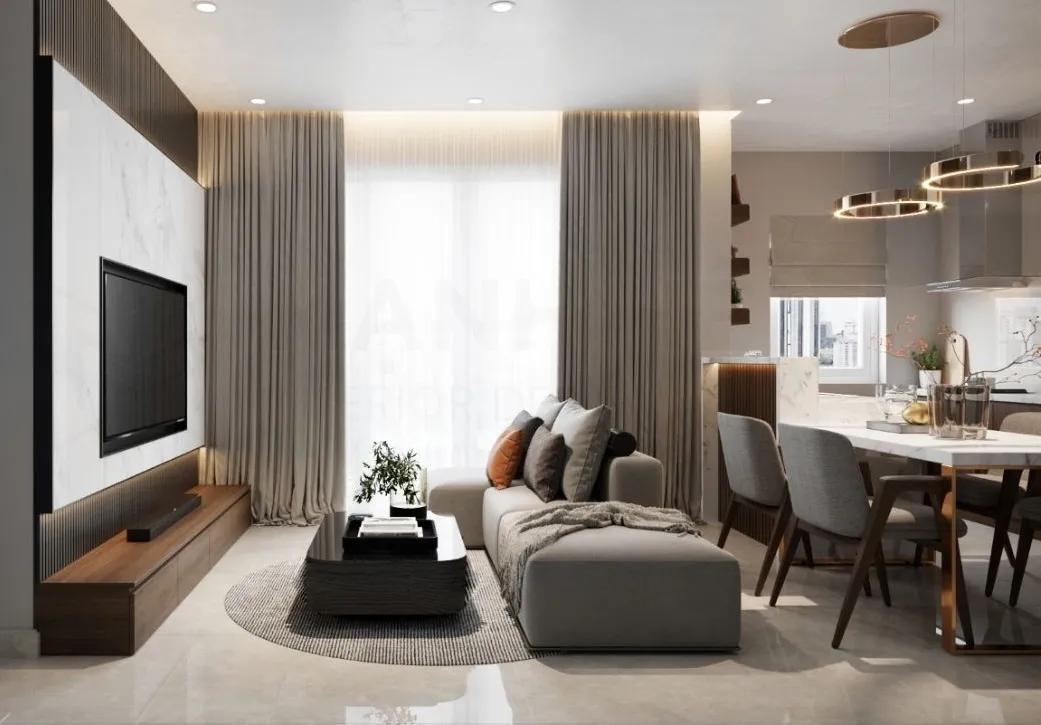 Mẫu phòng khách liền bếp nhà ống 4 tầng