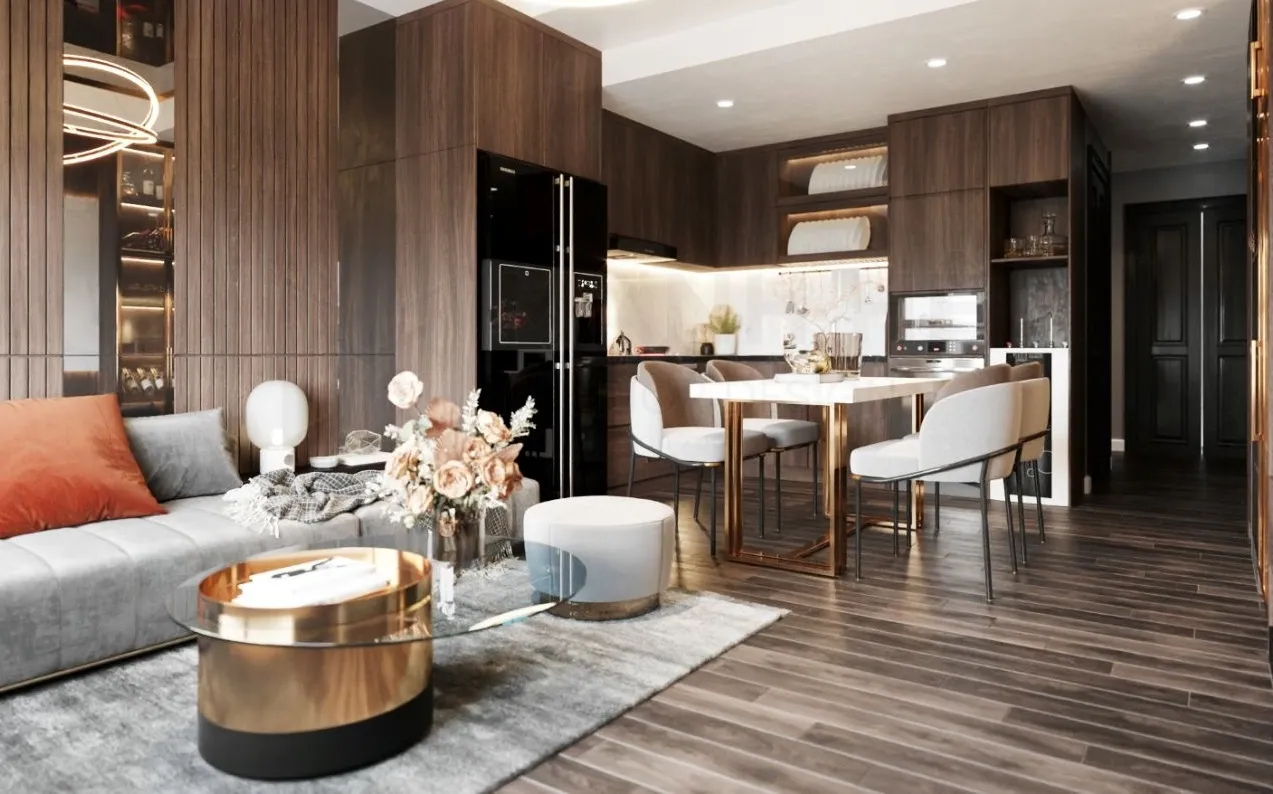 Toàn cảnh phòng khách liền bếp của một mẫu thiết kế nội thất chung cư 75m2 phong cách hiện đại do Vinavic Design thực hiện, tông màu xám trắng chủ đạo, ánh sáng tự nhiên ngập tràn tạo cảm giác sang trọng.