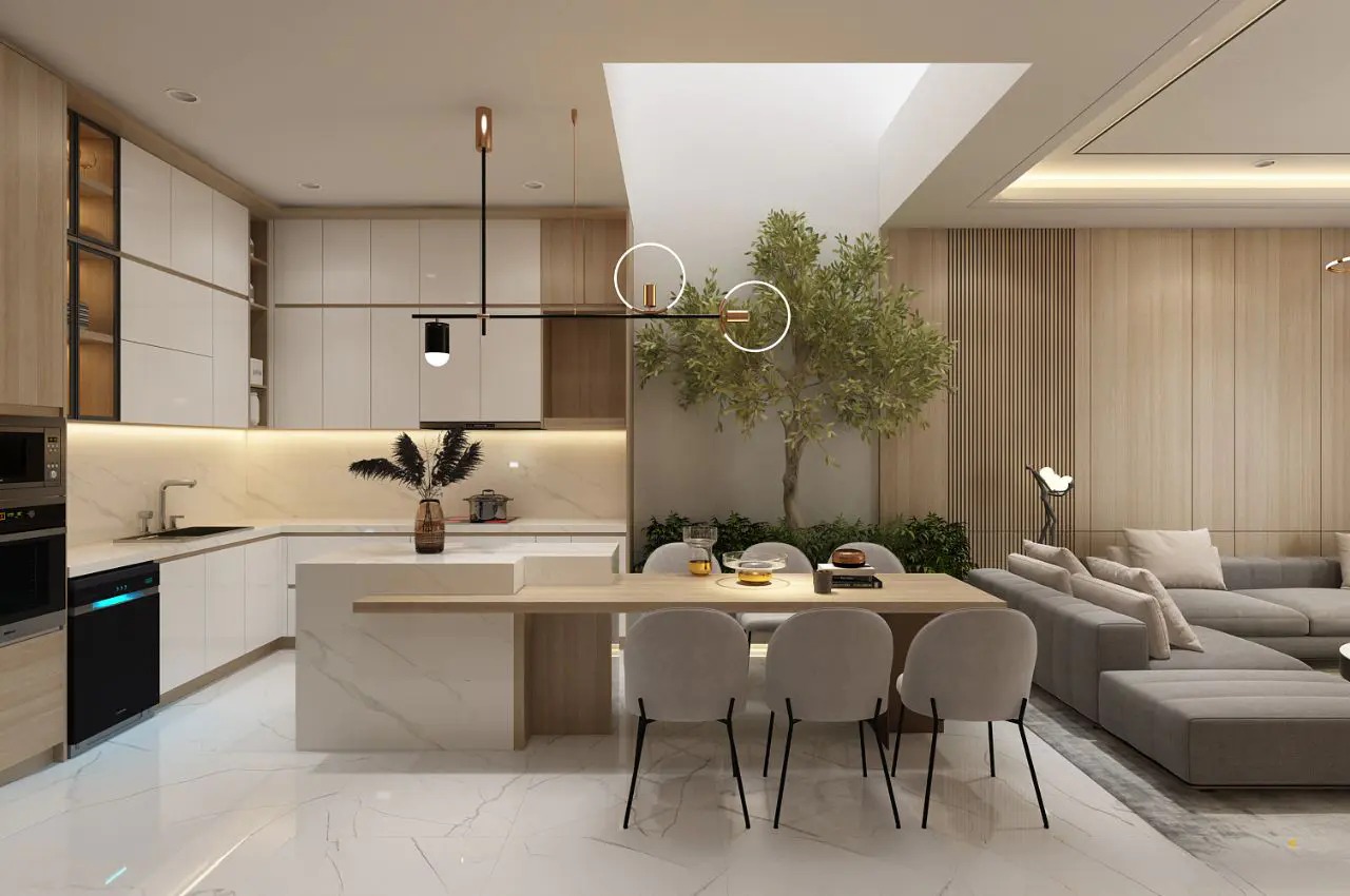 Mẫu bếp nhà phố hiện đại, bếp gas đã được xoay 90 độ, tường bếp ốp gạch thẻ màu vàng đất hợp phong thủy, thiết kế bởi Vinavic.