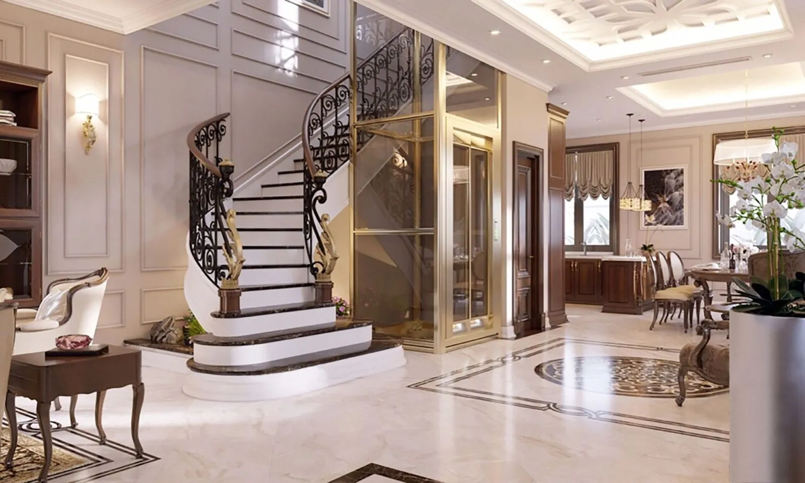 Nội thất cabin thang máy biệt thự phong cách Tân cổ điển ốp gỗ óc chó ấm áp, sàn đá hoa văn, tay vịn inox vàng gương do Vinavic thiết kế.