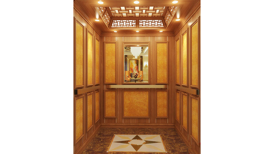 Nội thất cabin thang máy biệt thự phong cách Tân cổ điển của Vinavic, ốp gỗ óc chó ấm áp, vách gương và inox vàng sang trọng, sàn đá hoa văn.