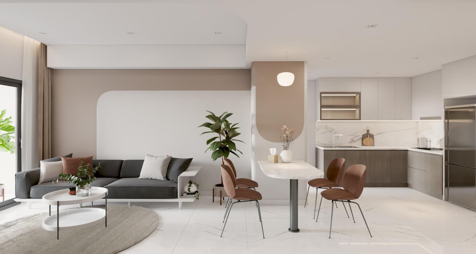 Mẫu phòng khách liền bếp nhà ống theo nhu cầu