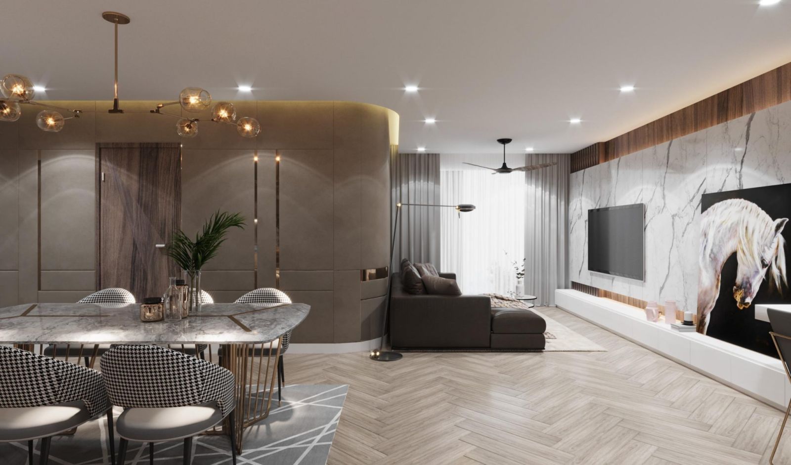 Mẫu phòng khách liền bếp nhà ống trẻ trung